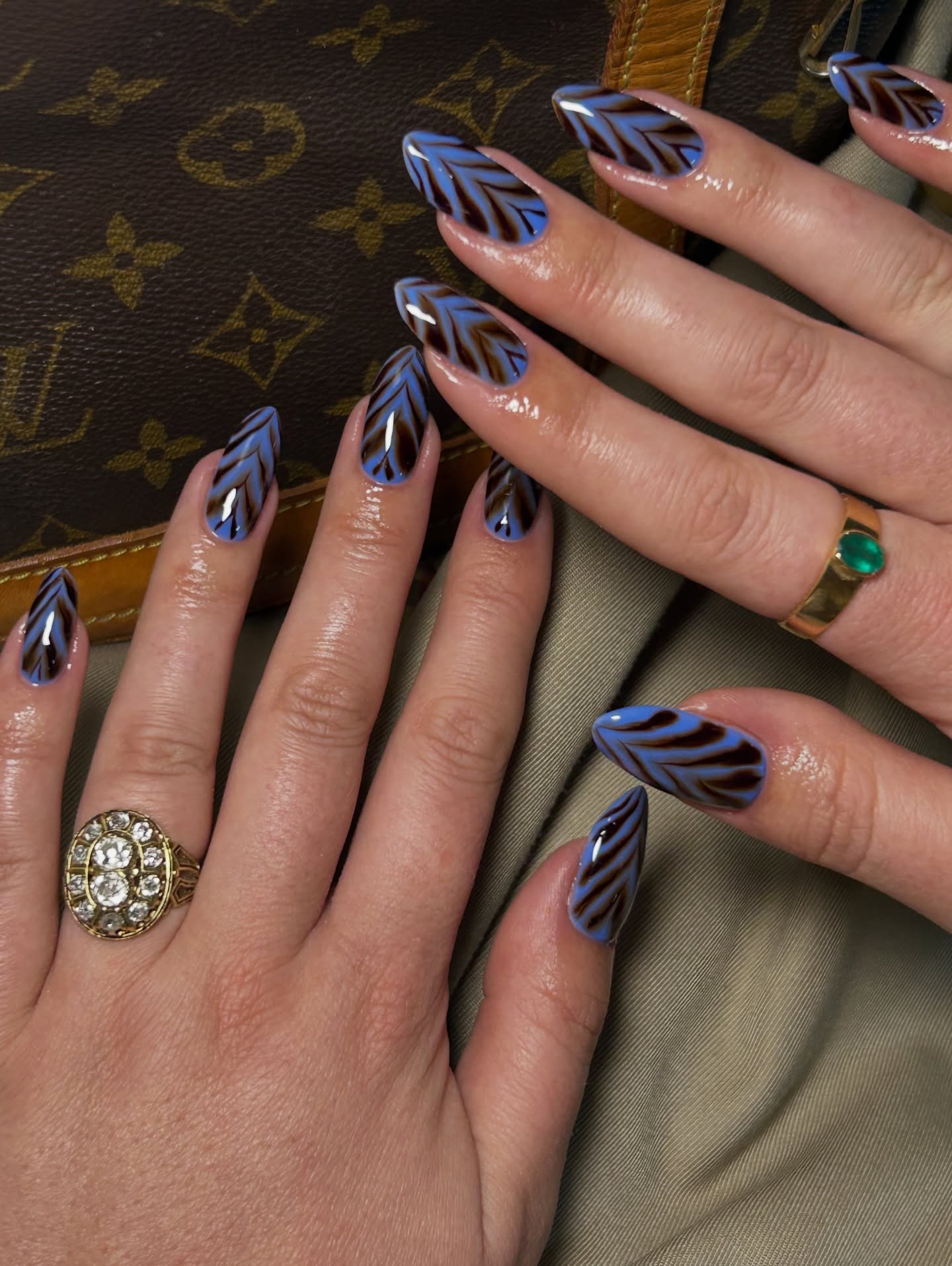 Wavy Blue and Brown Abstract Almond Nails