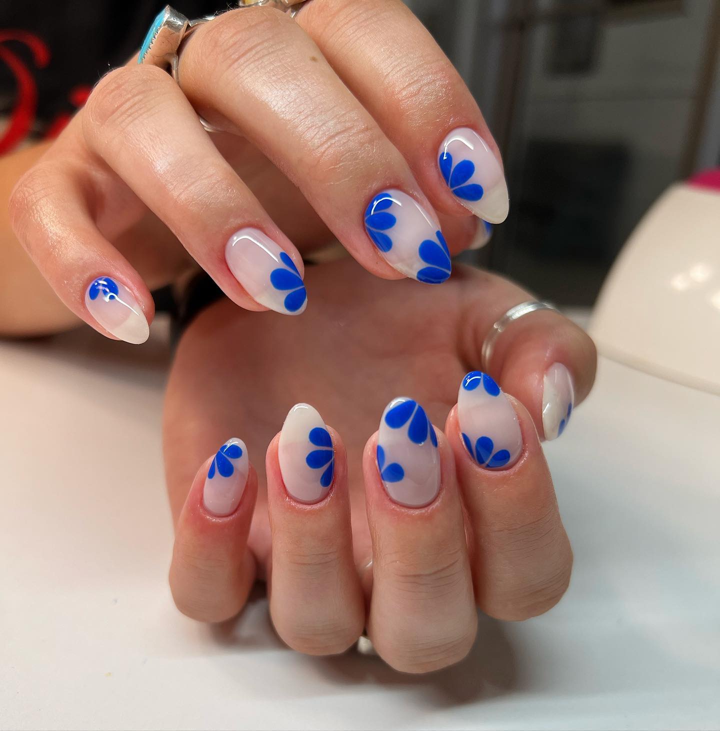 Blue Floral Accent Almond Nails