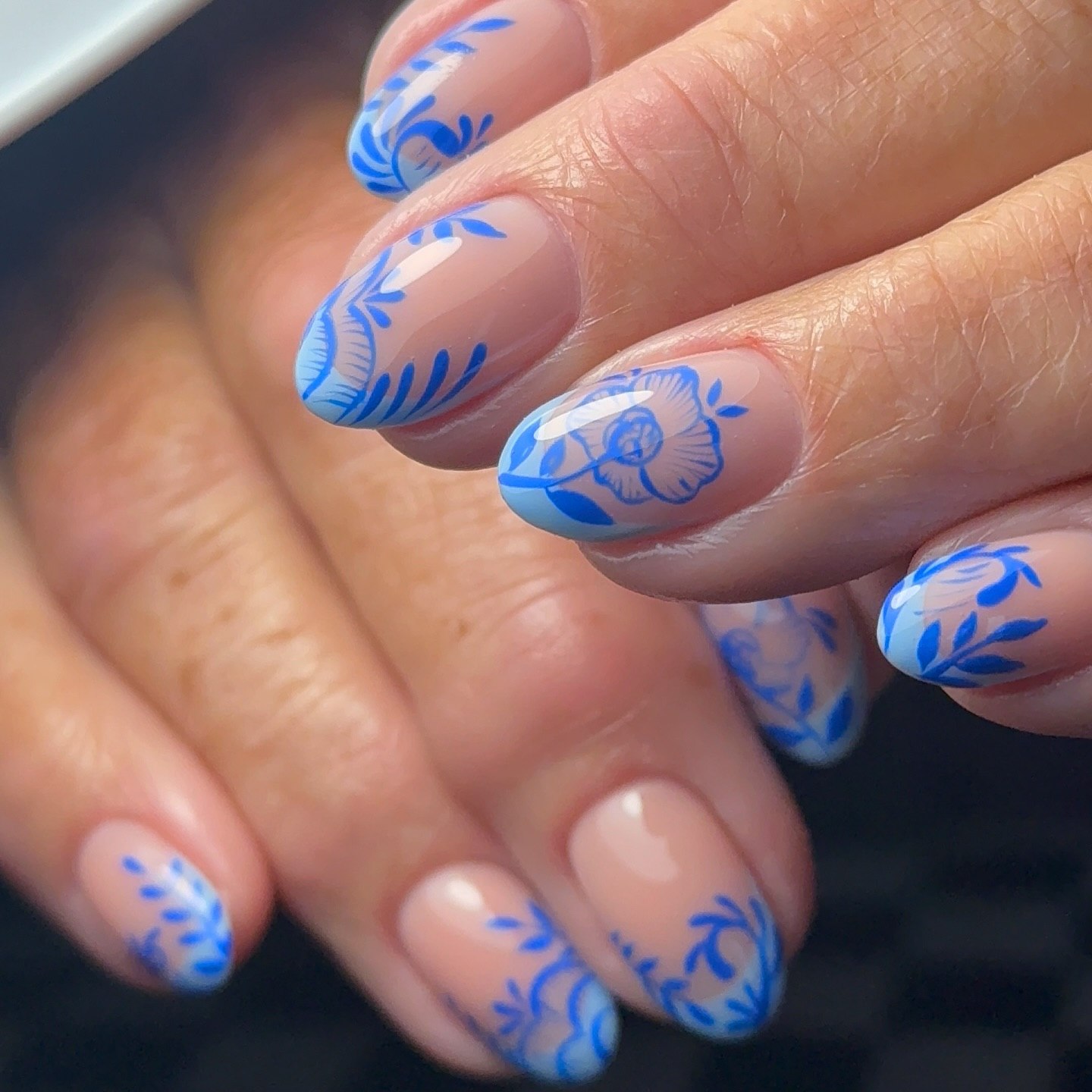 Blue Floral French Tip Almond Nails