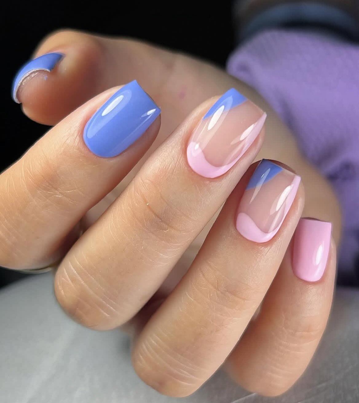 Blue and Pink French Ombre Square Nails
