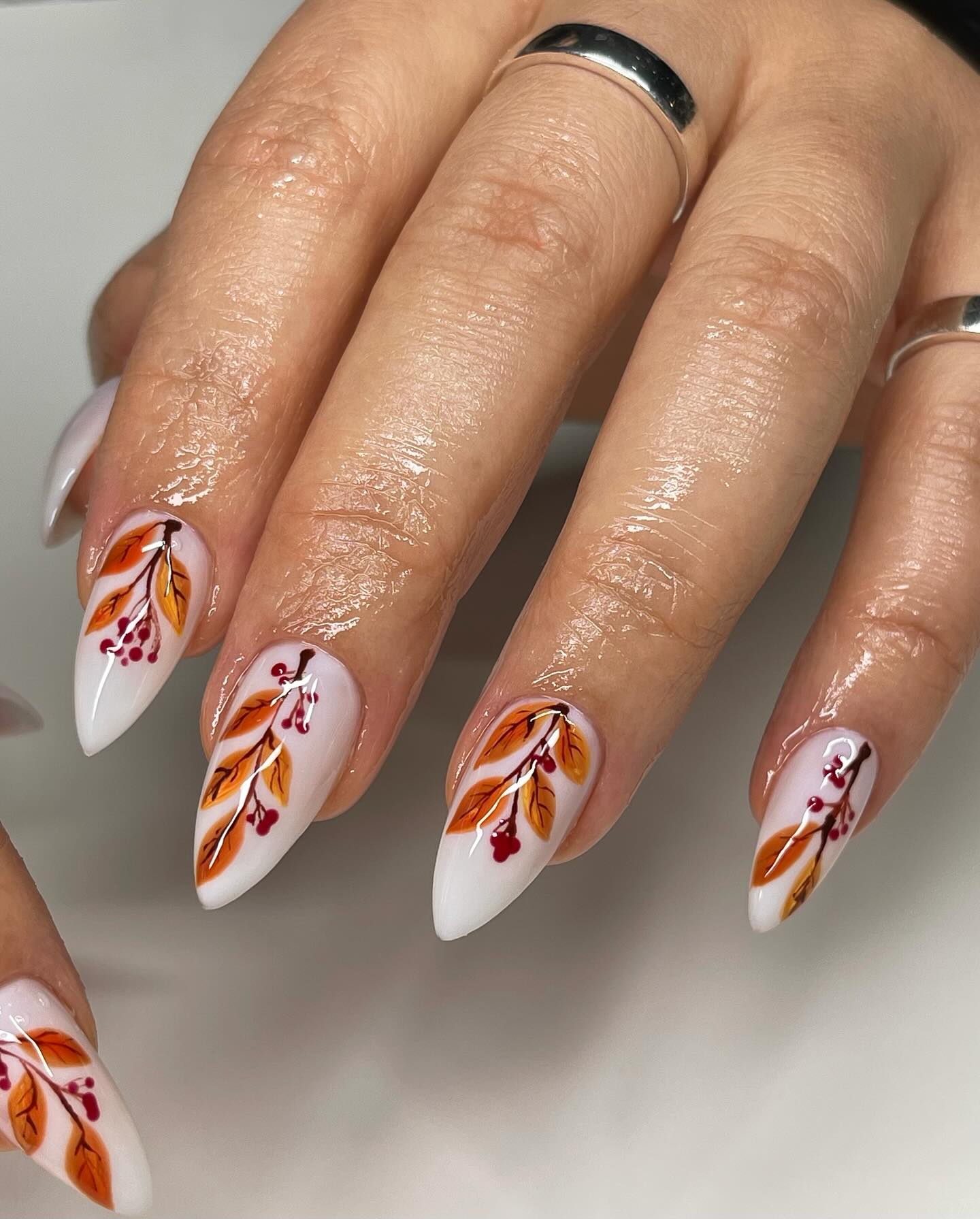 White Almond Nails with Autumn Leaf Art
