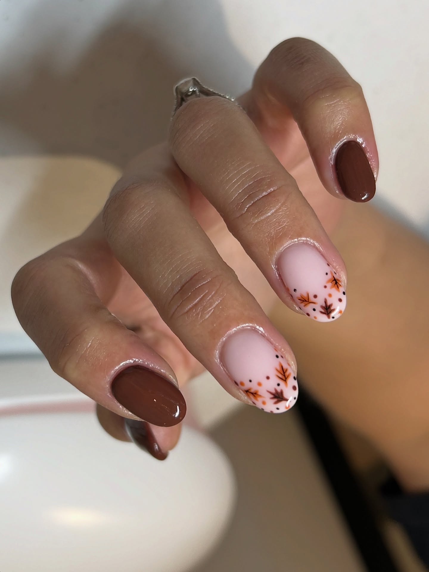 Brown Oval Nails with Autumn Leaf Accents