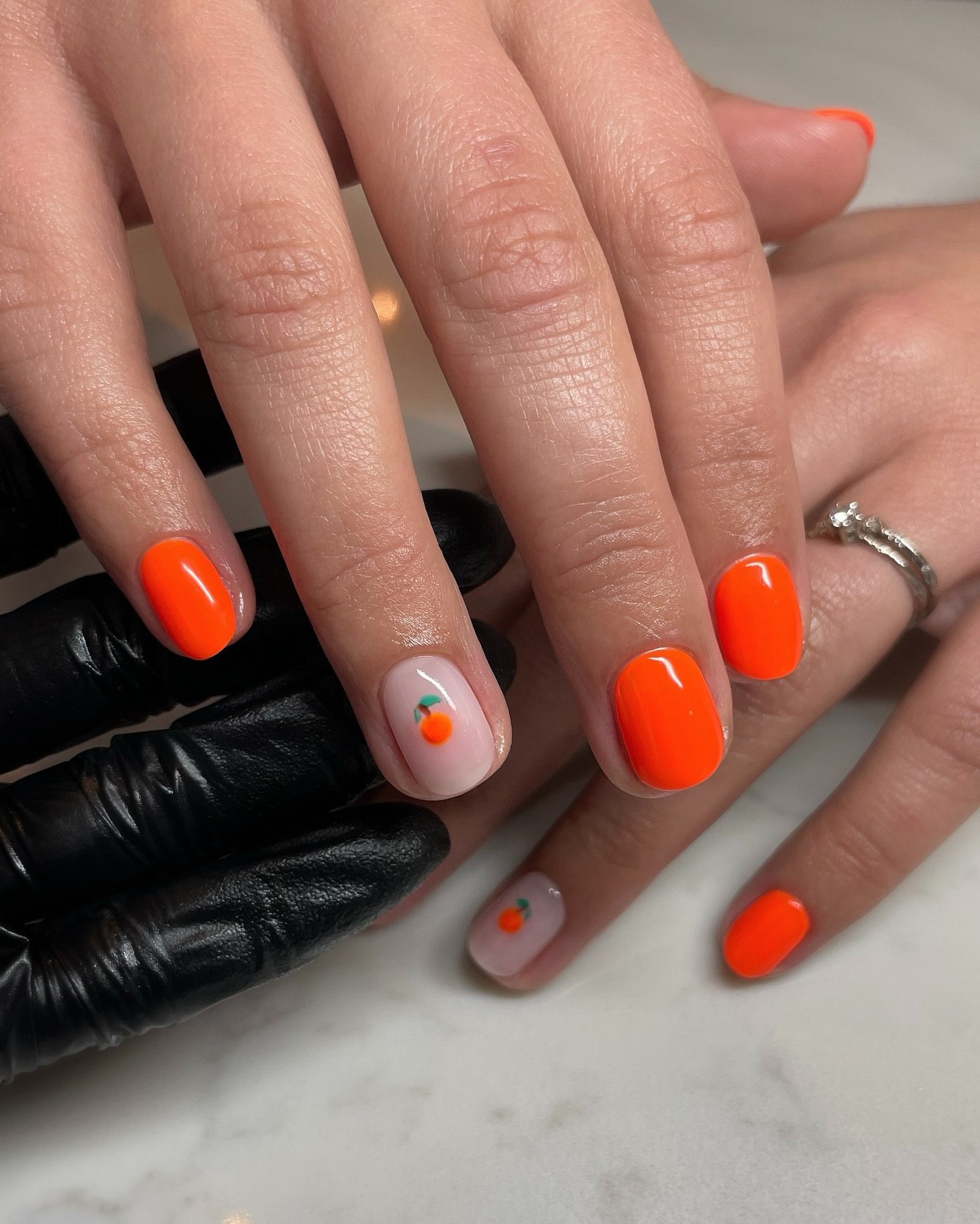 Vibrant Orange With Cute Fruit Accent Nails