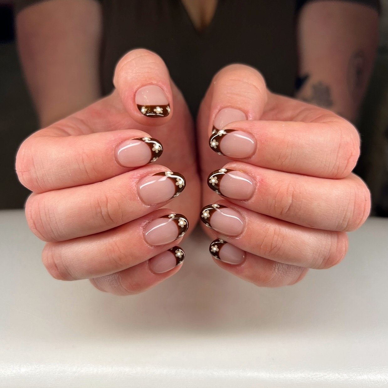 Brown Floral French Tip Oval Nails