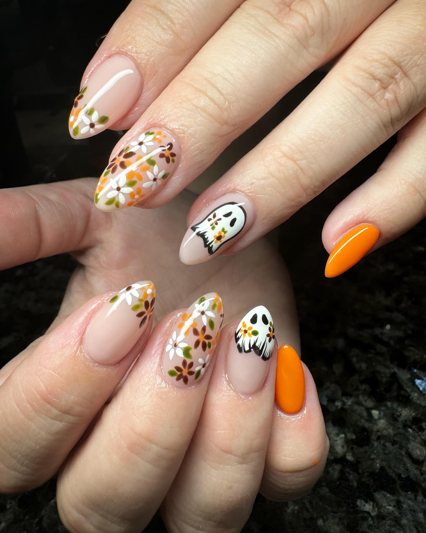 Playful Ghost And Floral Fall Almond Nails