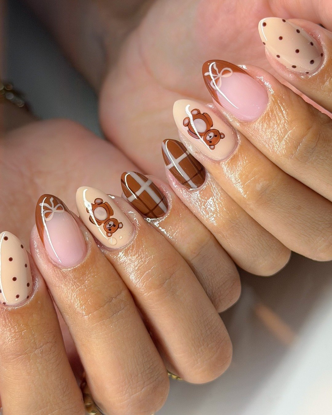 Teddy Bear French Tips With Polka Dots