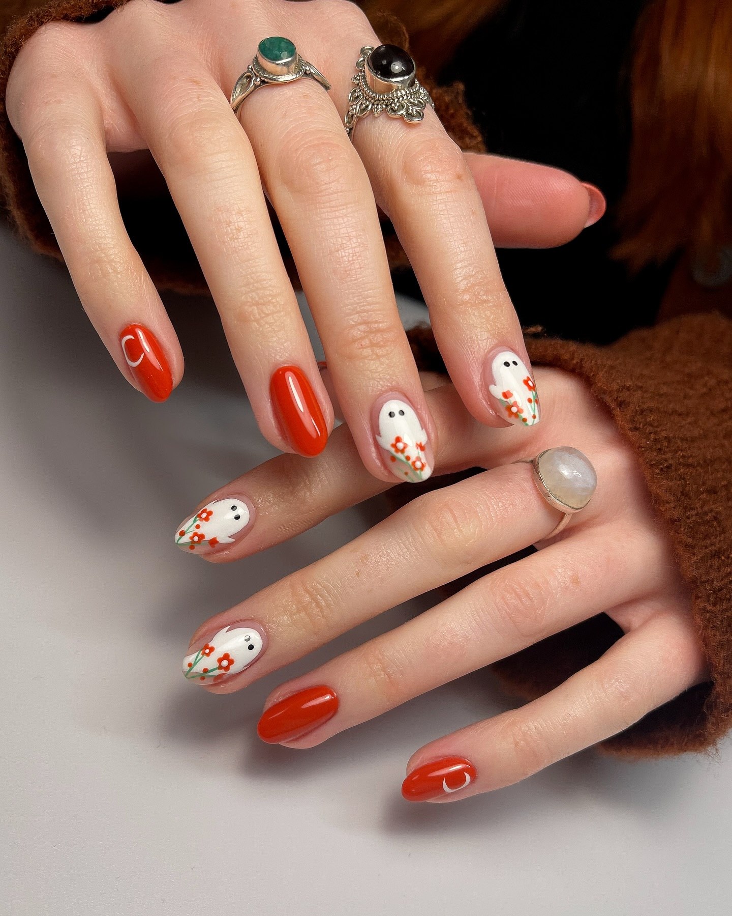 Cute Ghost Floral Accent Almond Nails