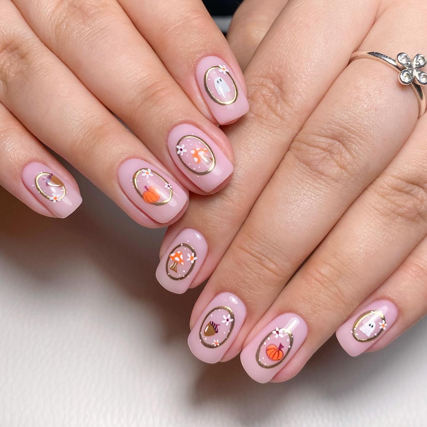 Cute Fall Oval Accent Nails With Ghosts And Pumpkins