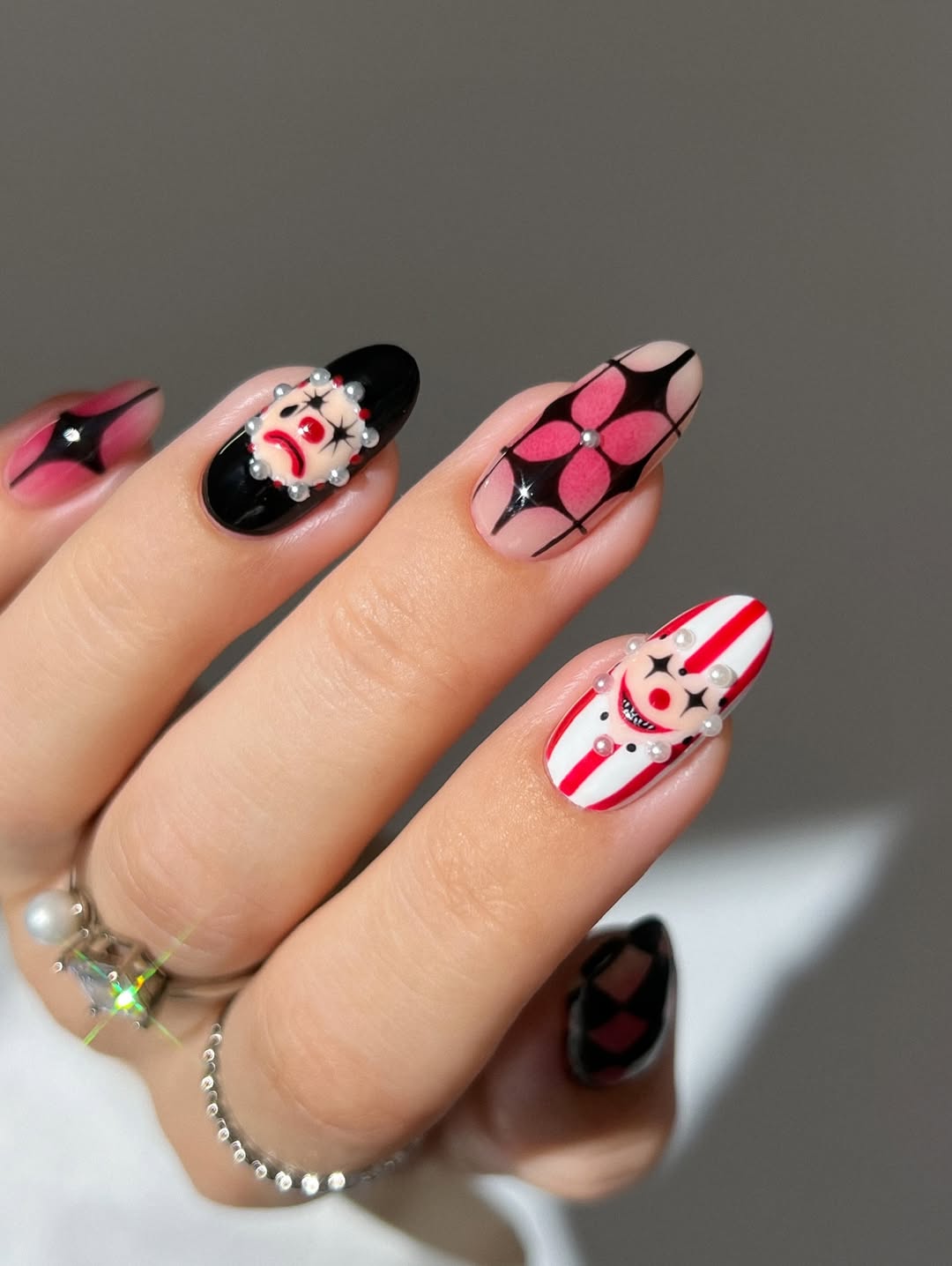 Creepy Clown Red and White French Almond Nails