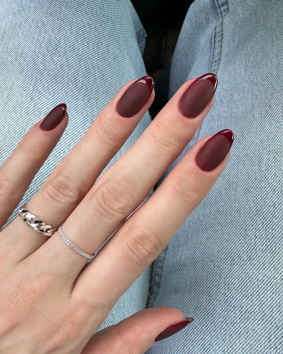 Deep Burgundy Matte French Tip Almond Nails