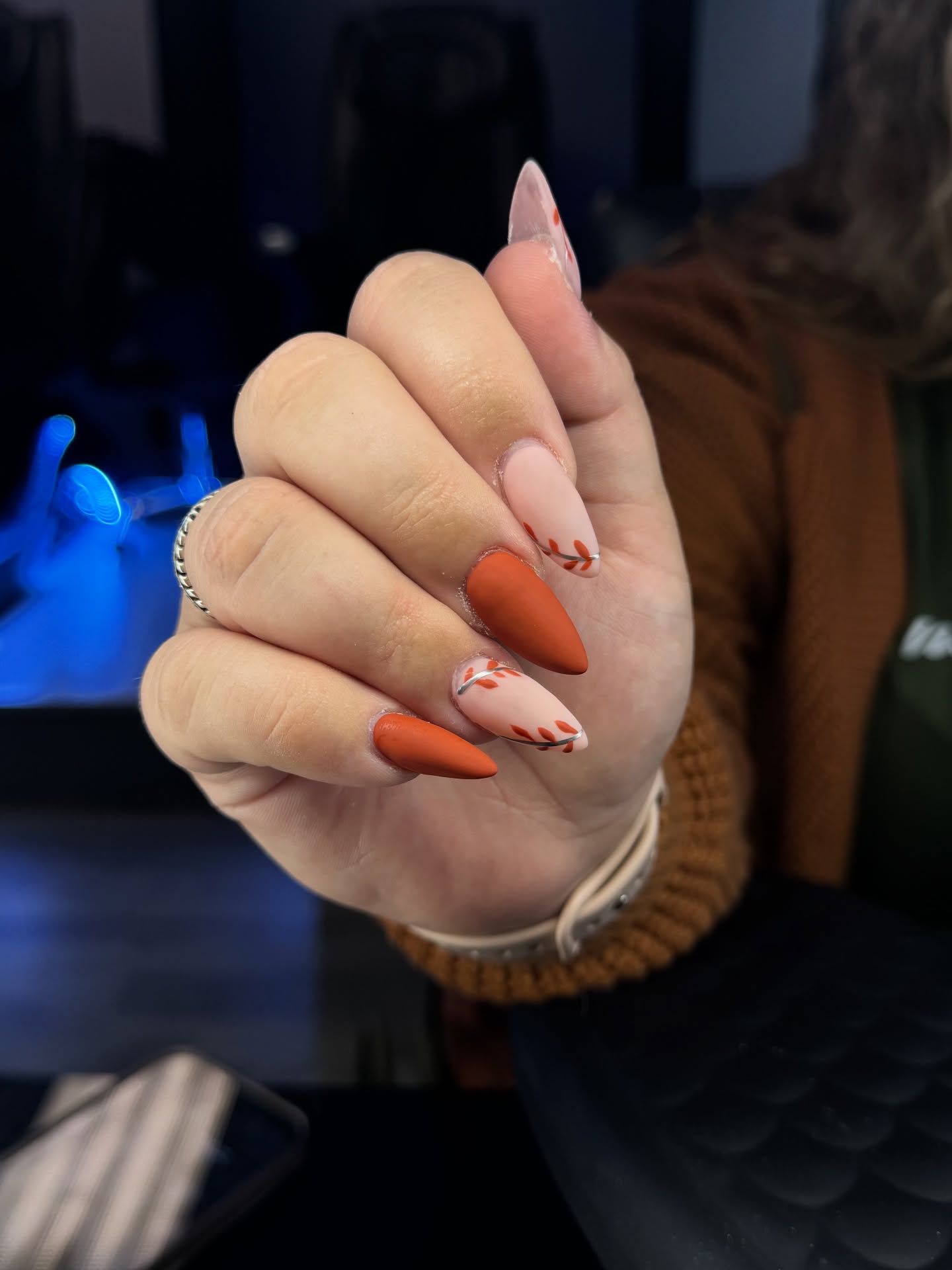 Matte Terracotta Leaf Fall Almond Nails