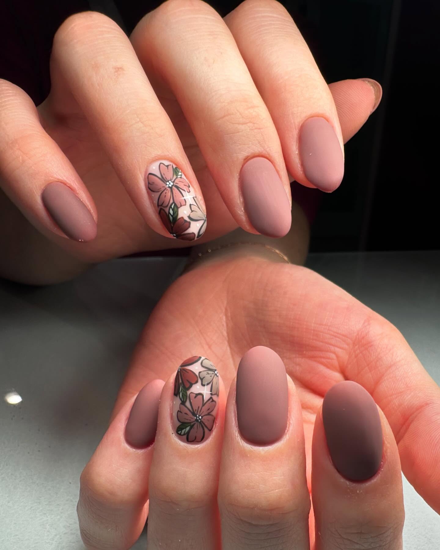 Dusty Rose Matte Nails with Floral Art