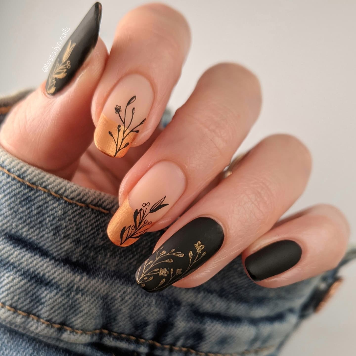 Matte Black & Gold Floral Fall French