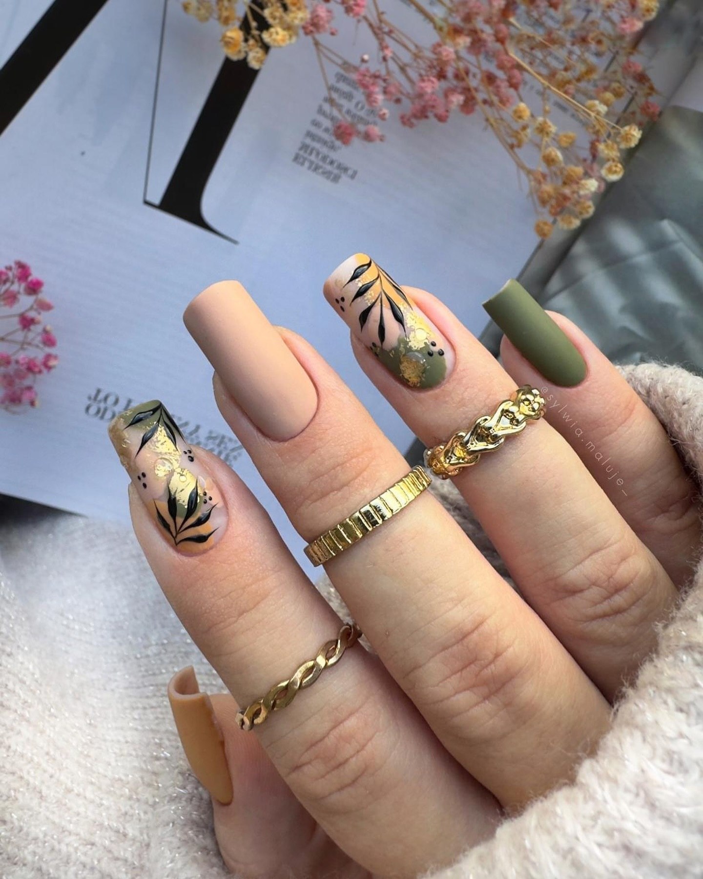 Matte Earthy Tones Botanical Nail Art