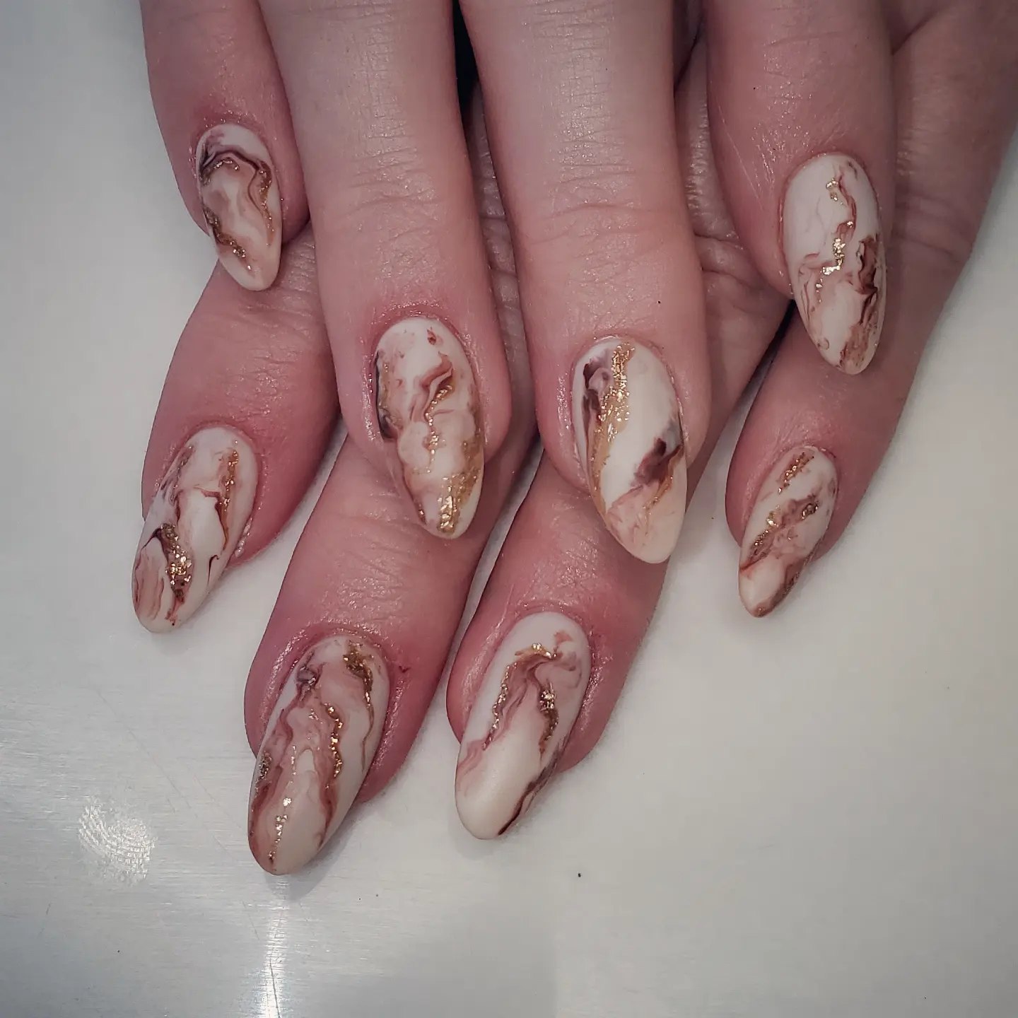 Marble and Gold Leaf Almond Nails