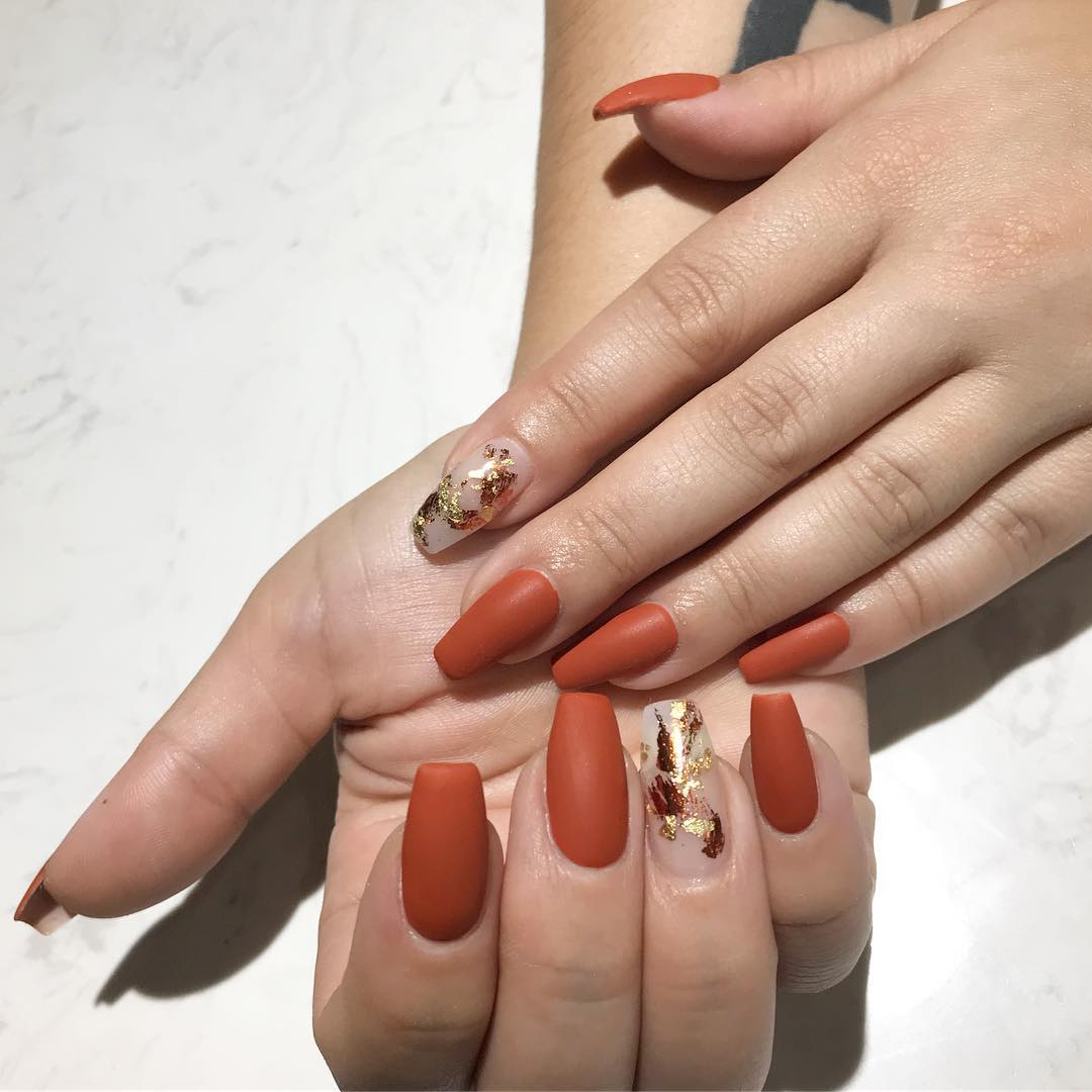 Matte Burnt Orange Coffin Nails with Gold Foil Accents