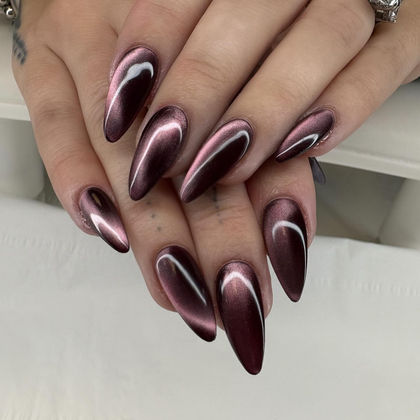 Deep Plum Cat Eye Stiletto Nails