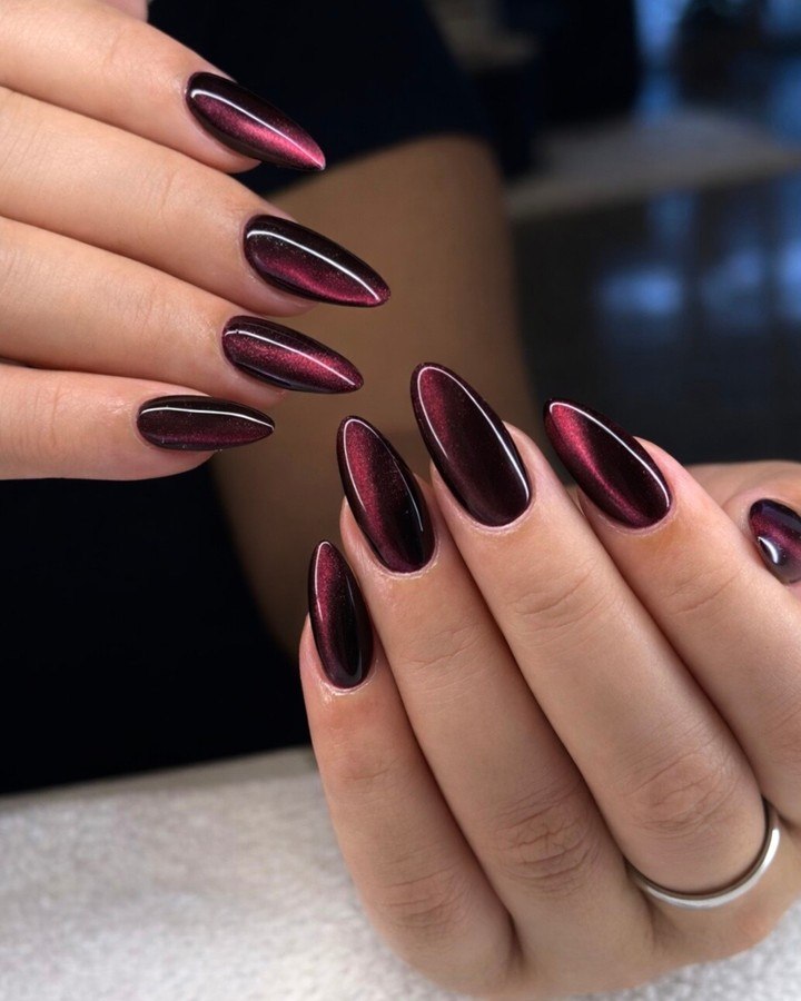 Deep Burgundy Cat Eye Almond Nails