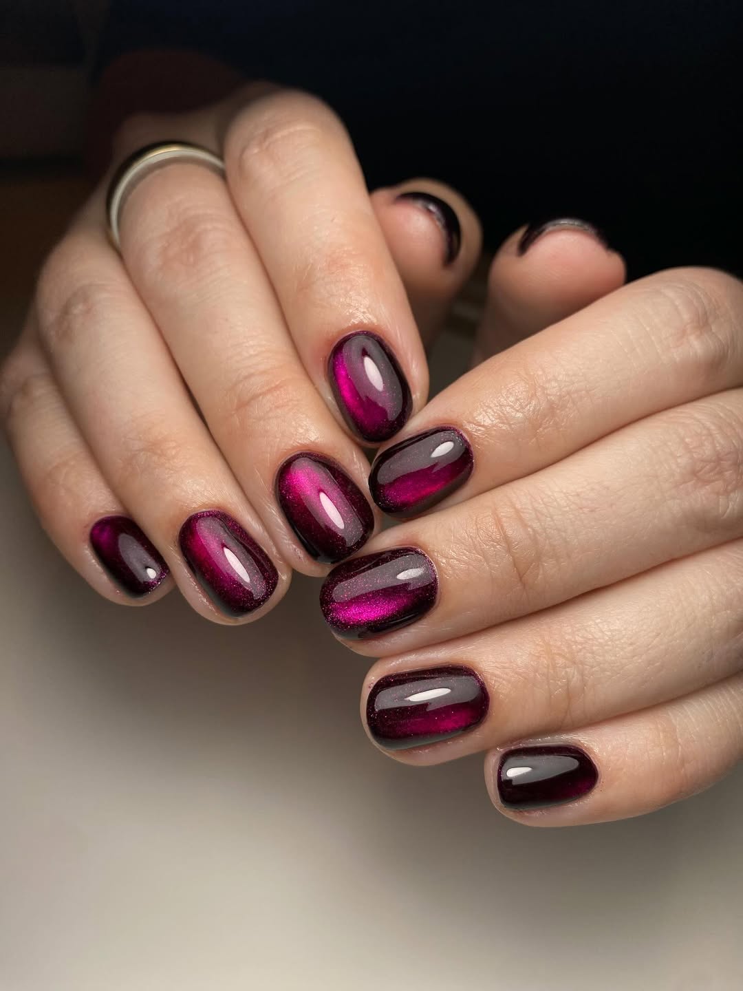 Deep Berry Cat Eye Oval Nails