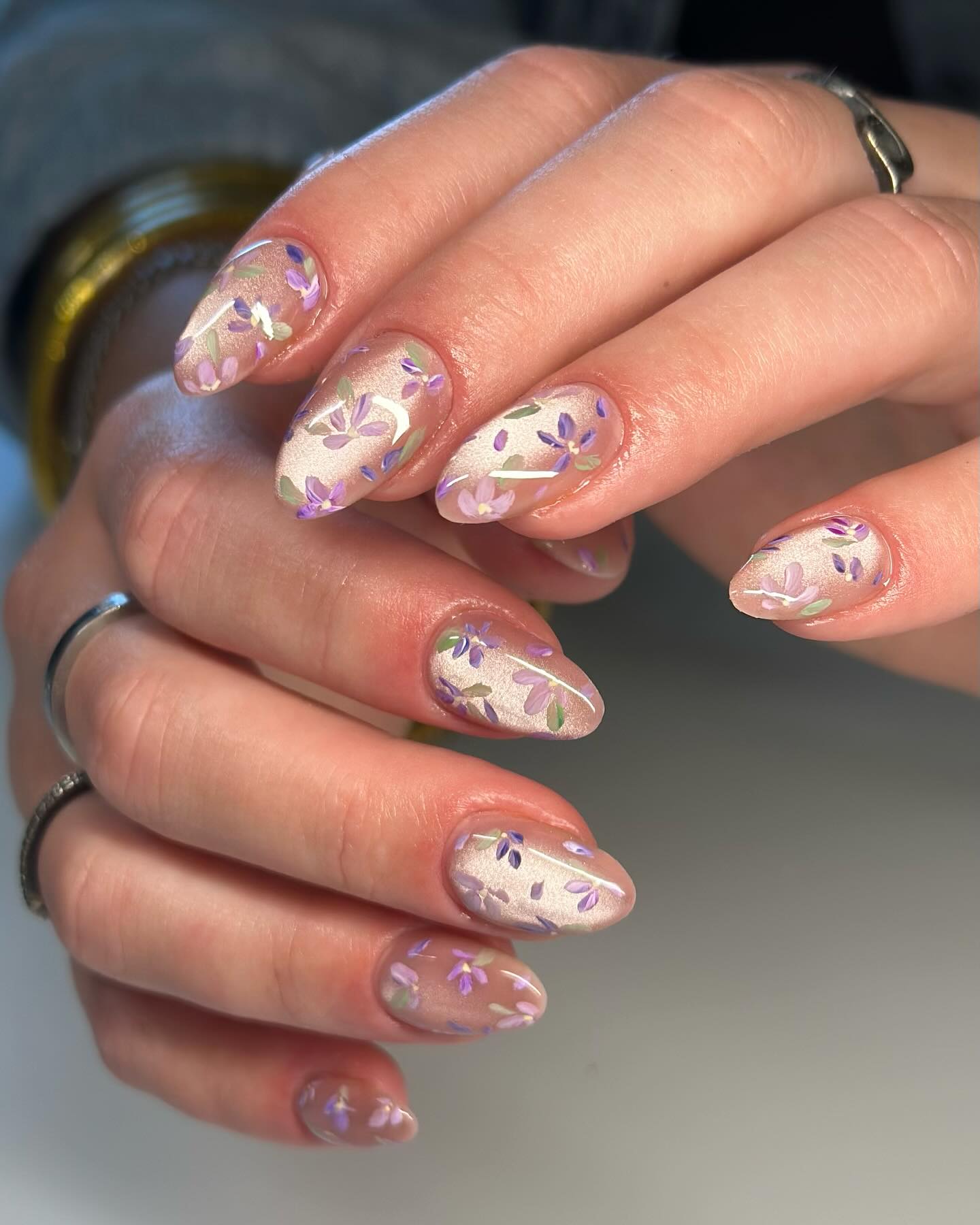 Delicate Floral Translucent Almond Nails