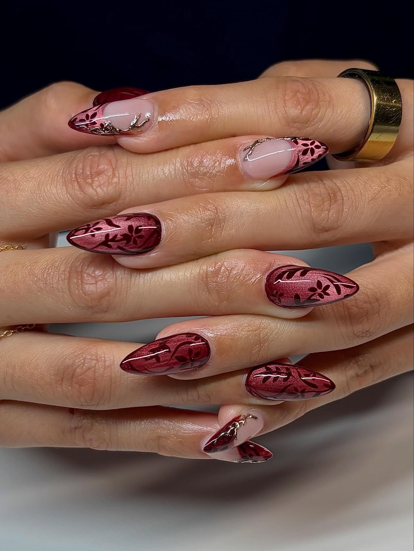 Burgundy Floral Cat Eye Almond Nails