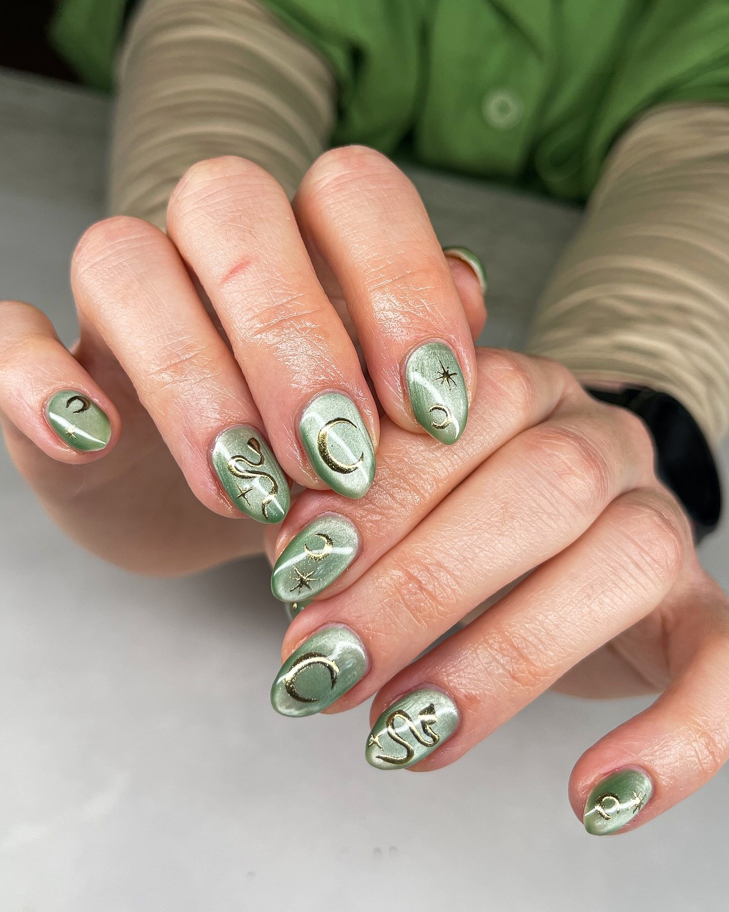 Sage Green Cat Eye with Celestial Gold Accents