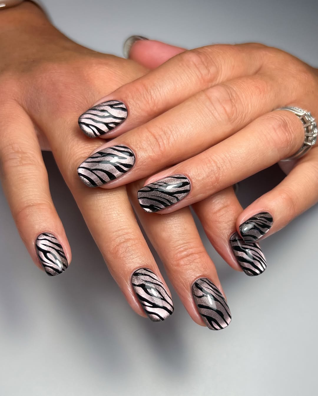 Metallic Zebra Print Oval Nails
