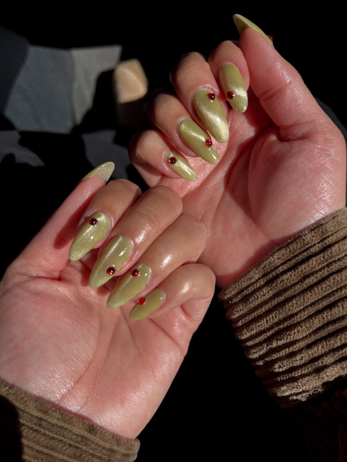 Golden Hour Olive Cat Eye with Red Heart Gems