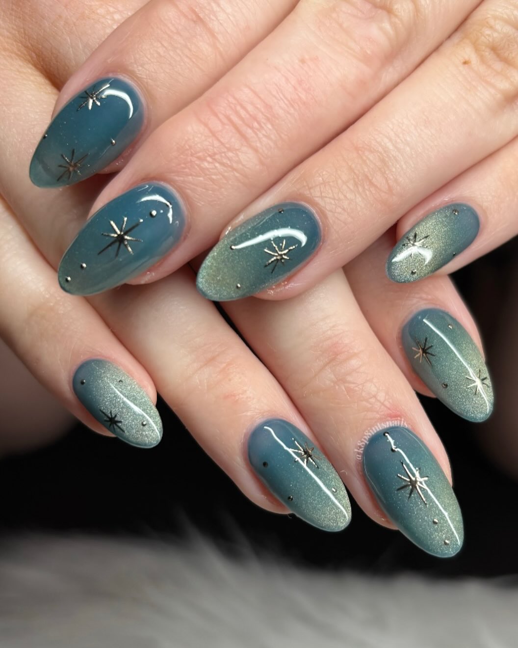 Celestial Blue Green Cat Eye Nails