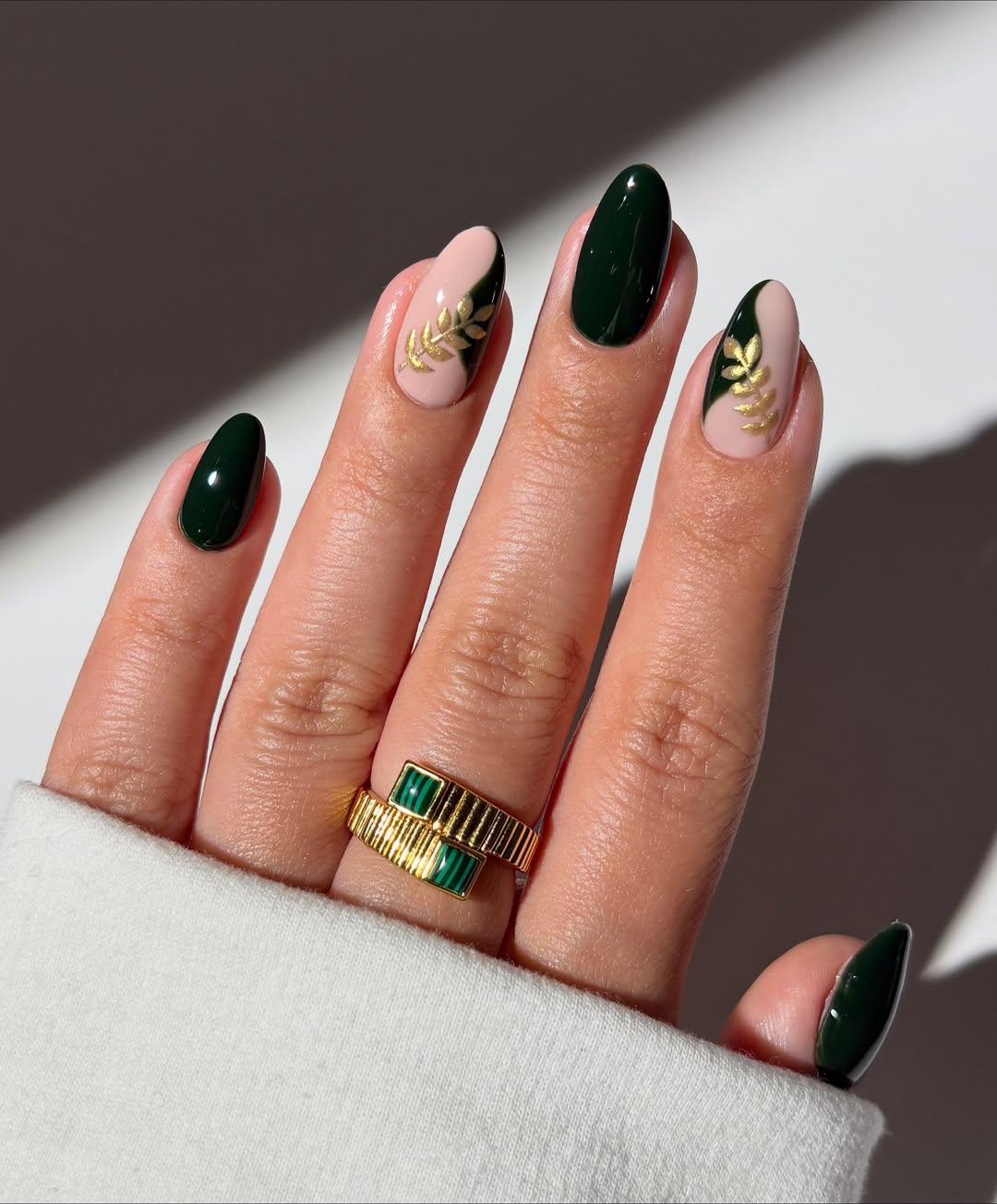 Dark Forest Green Almond Nails with Gold Leaf