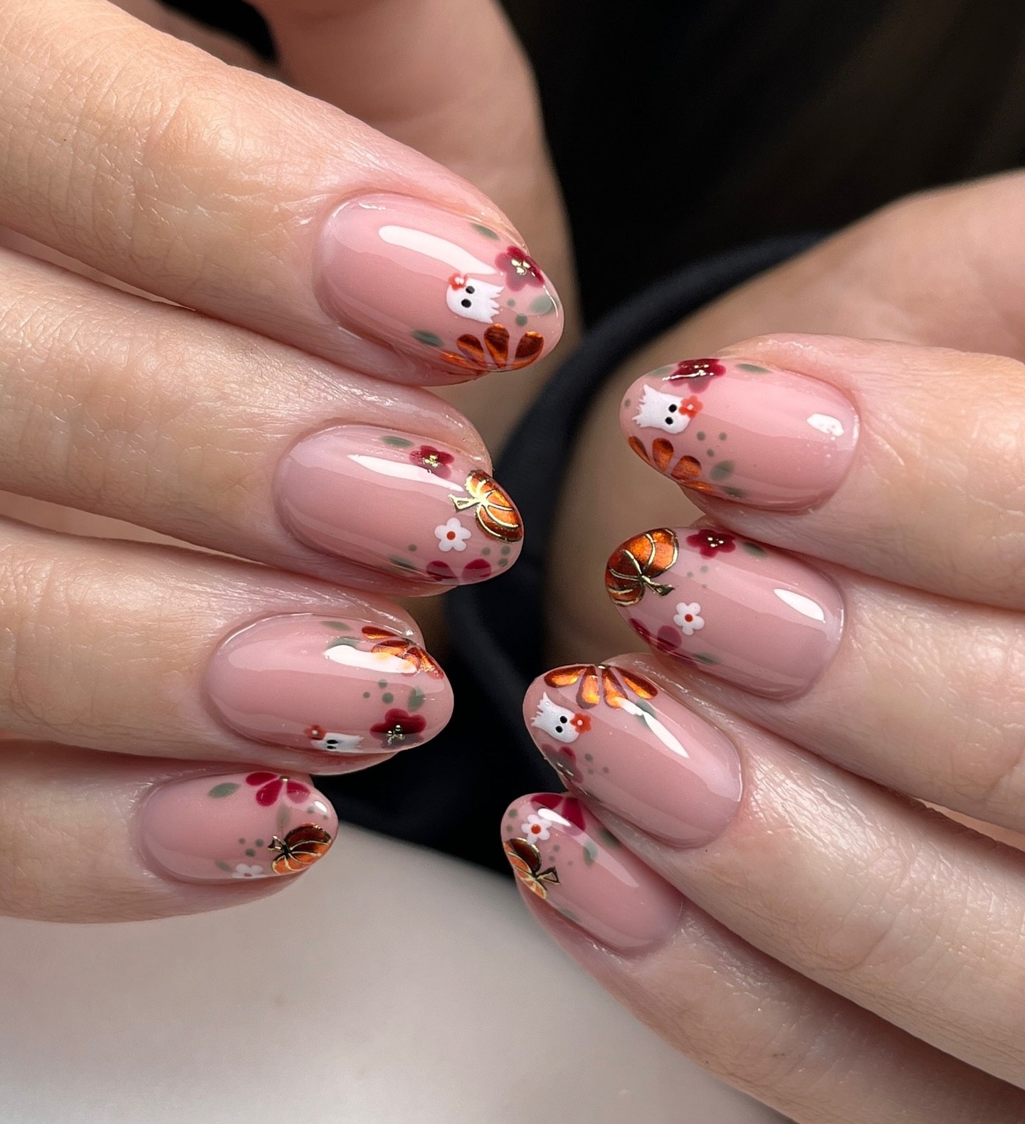 Cute Ghost Floral Fall Oval Nails