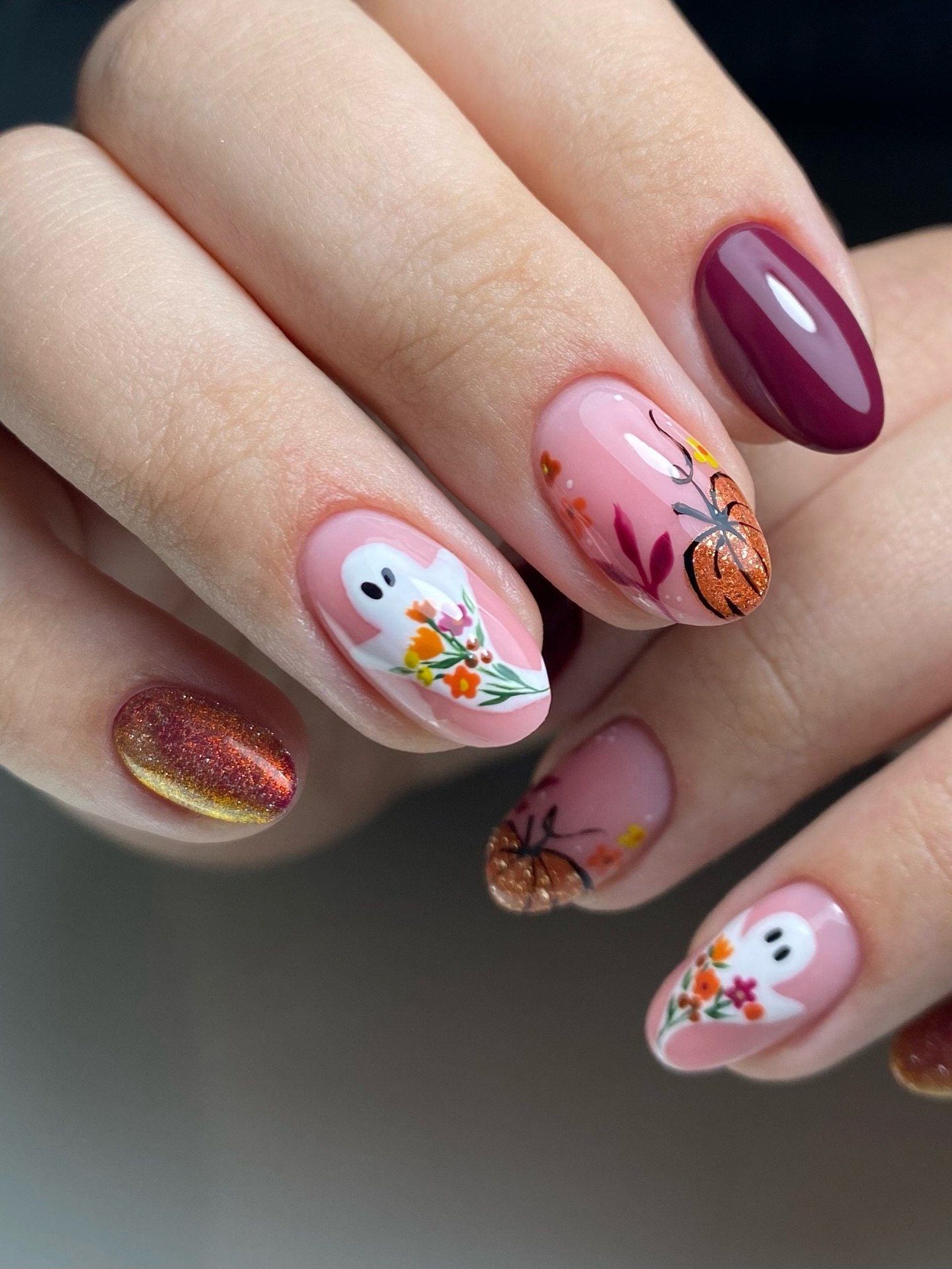 Cute Ghost And Pumpkin Fall Almond Nails