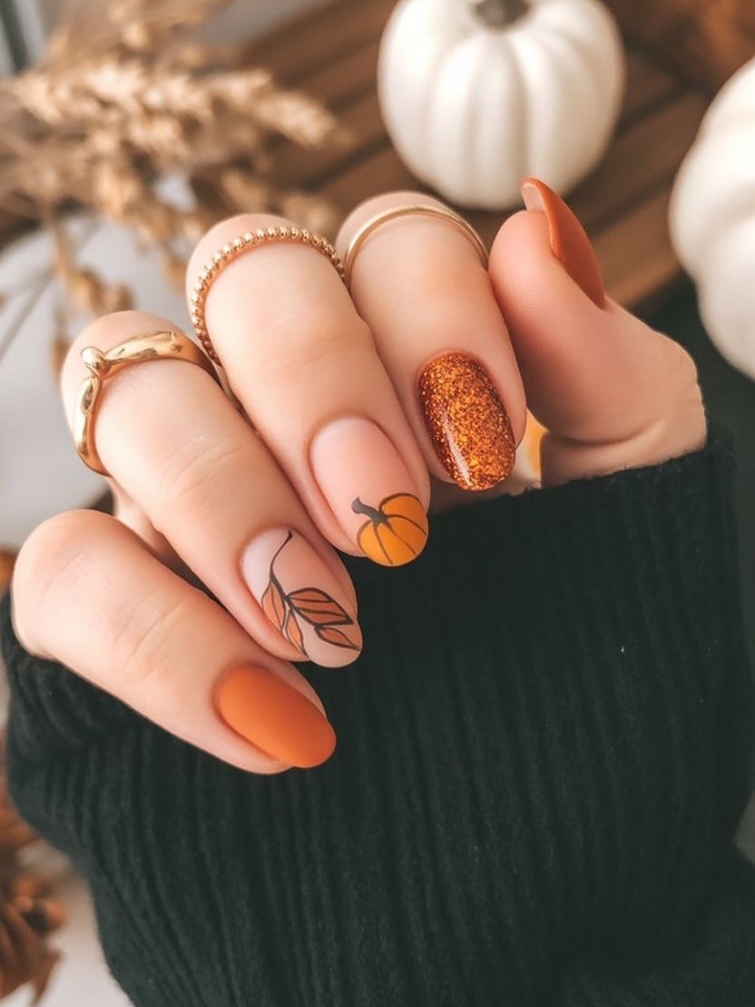 Matte Orange & Glitter Pumpkin Leaf Nails