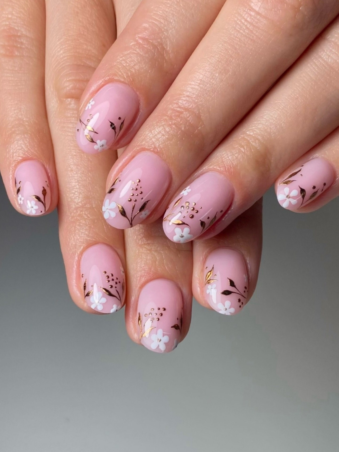 Pink Floral Art Oval Nails