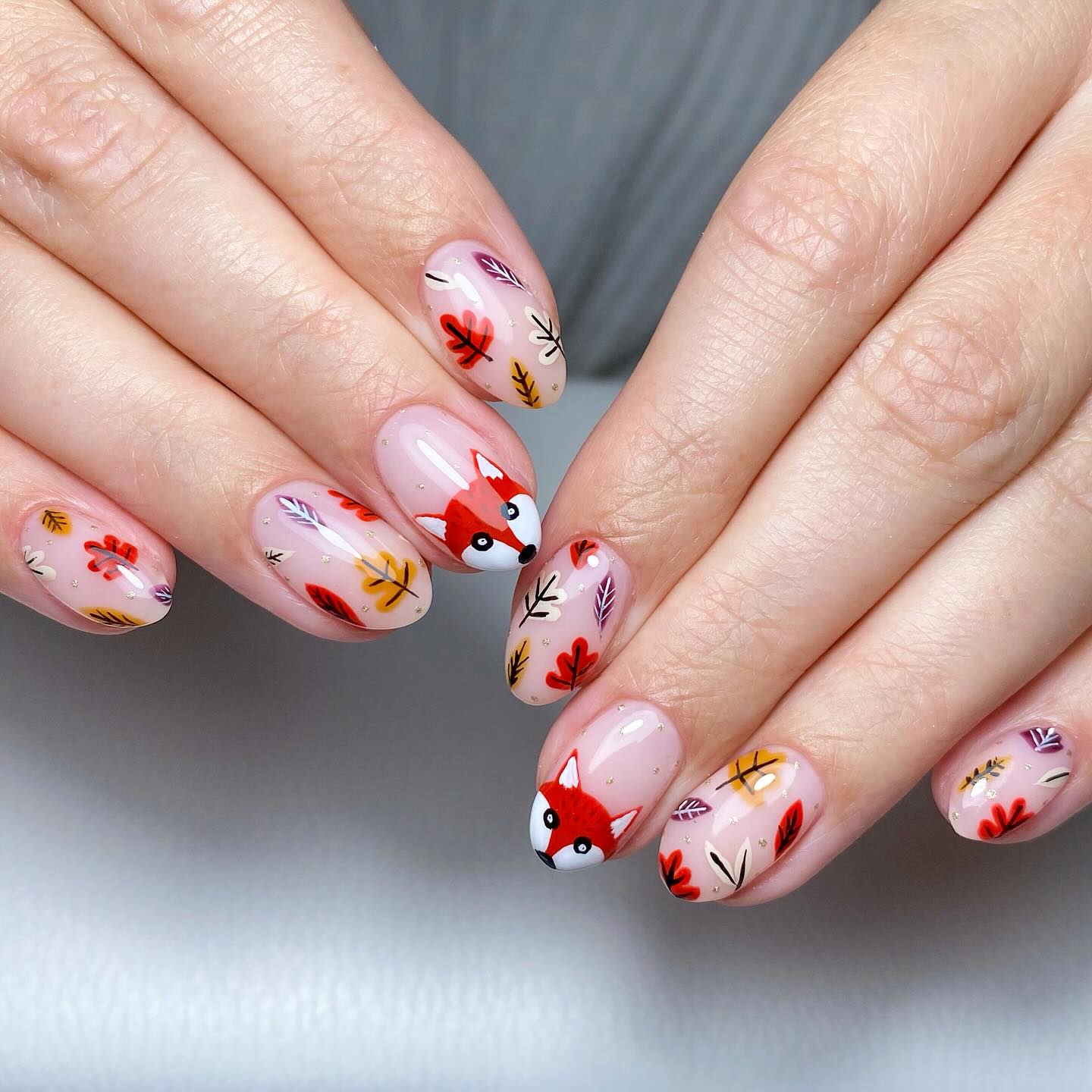 Whimsical Fox And Fall Leaves Oval Nails