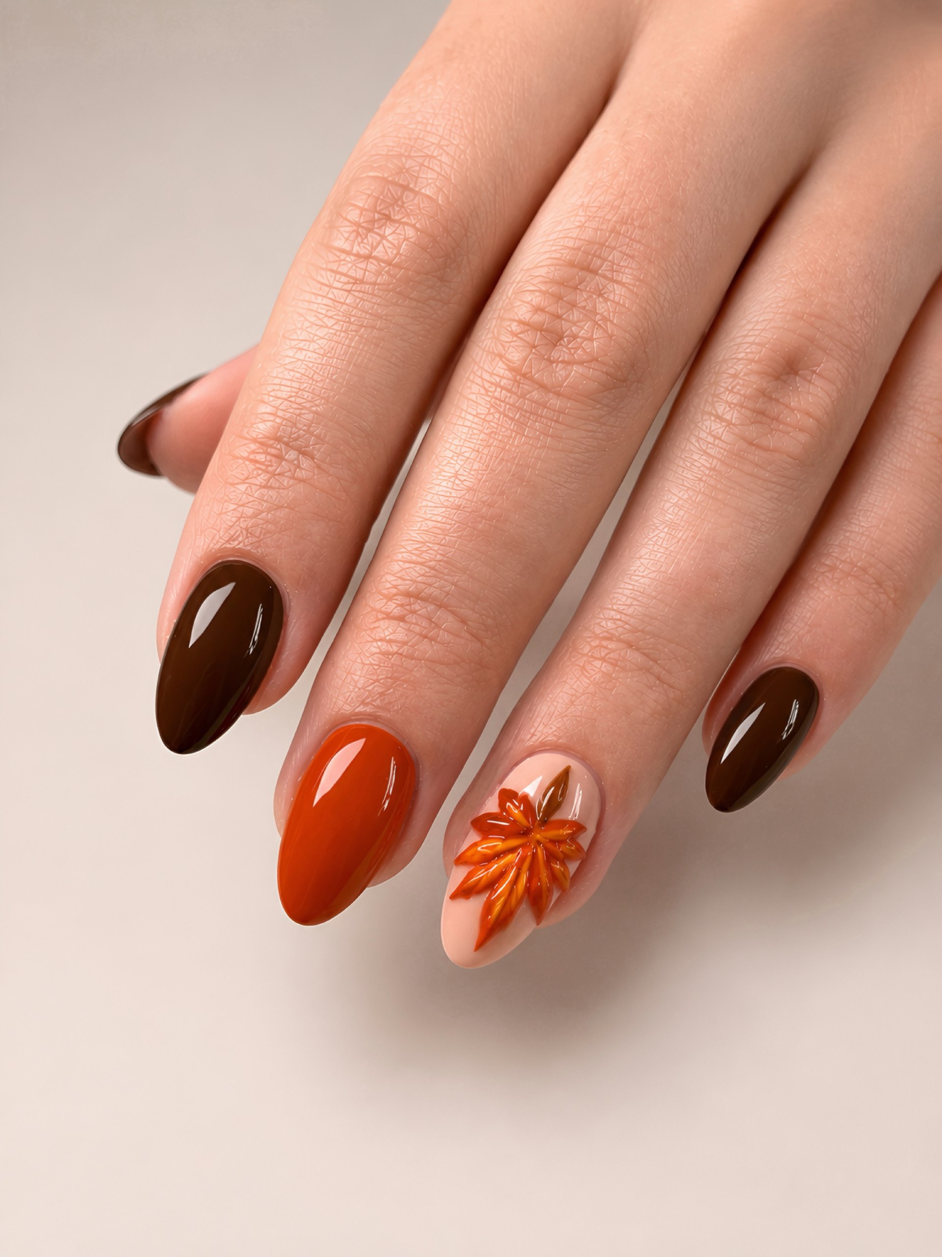 Autumn Leaf 3D Art Almond Nails