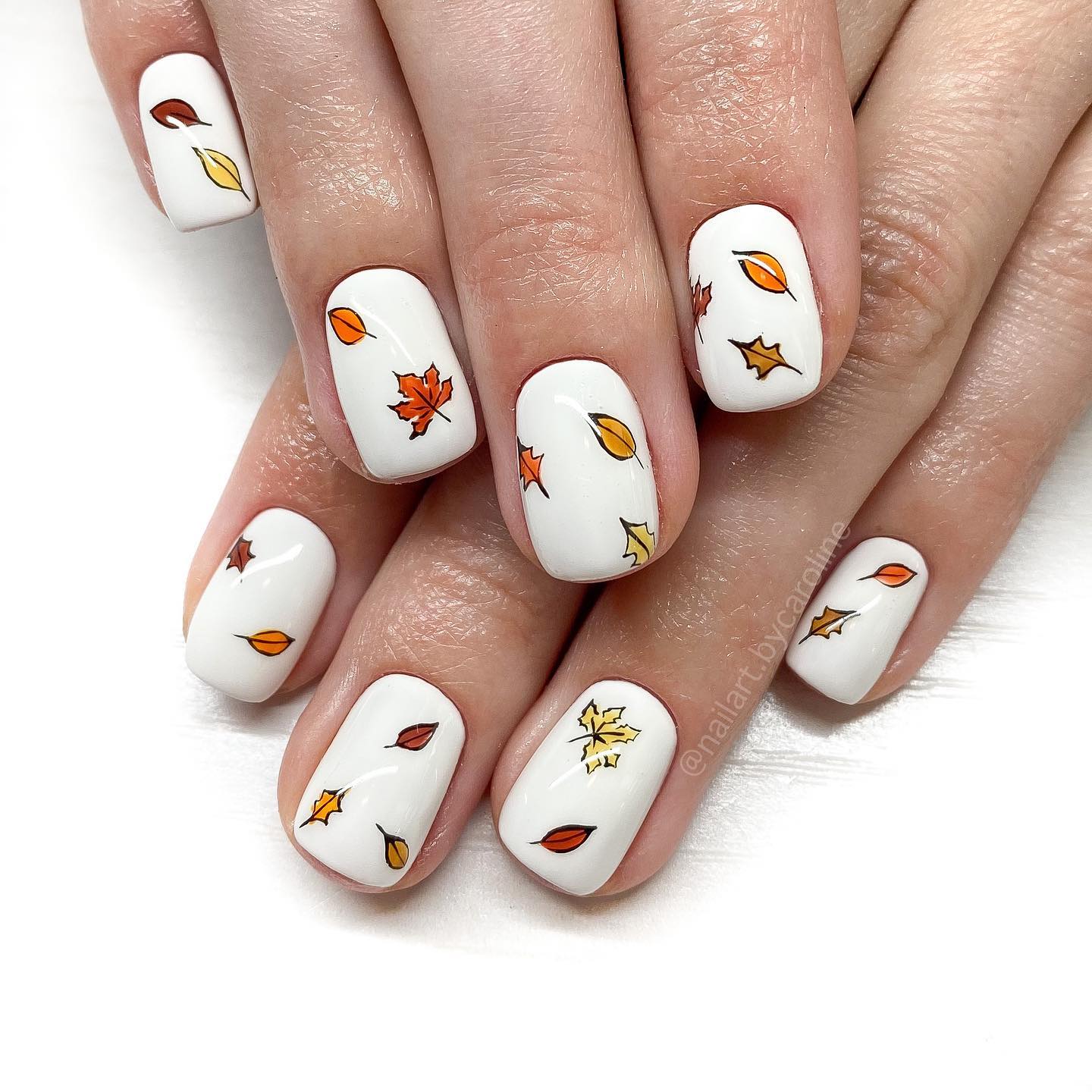 Whimsical Falling Autumn Leaves White Nails