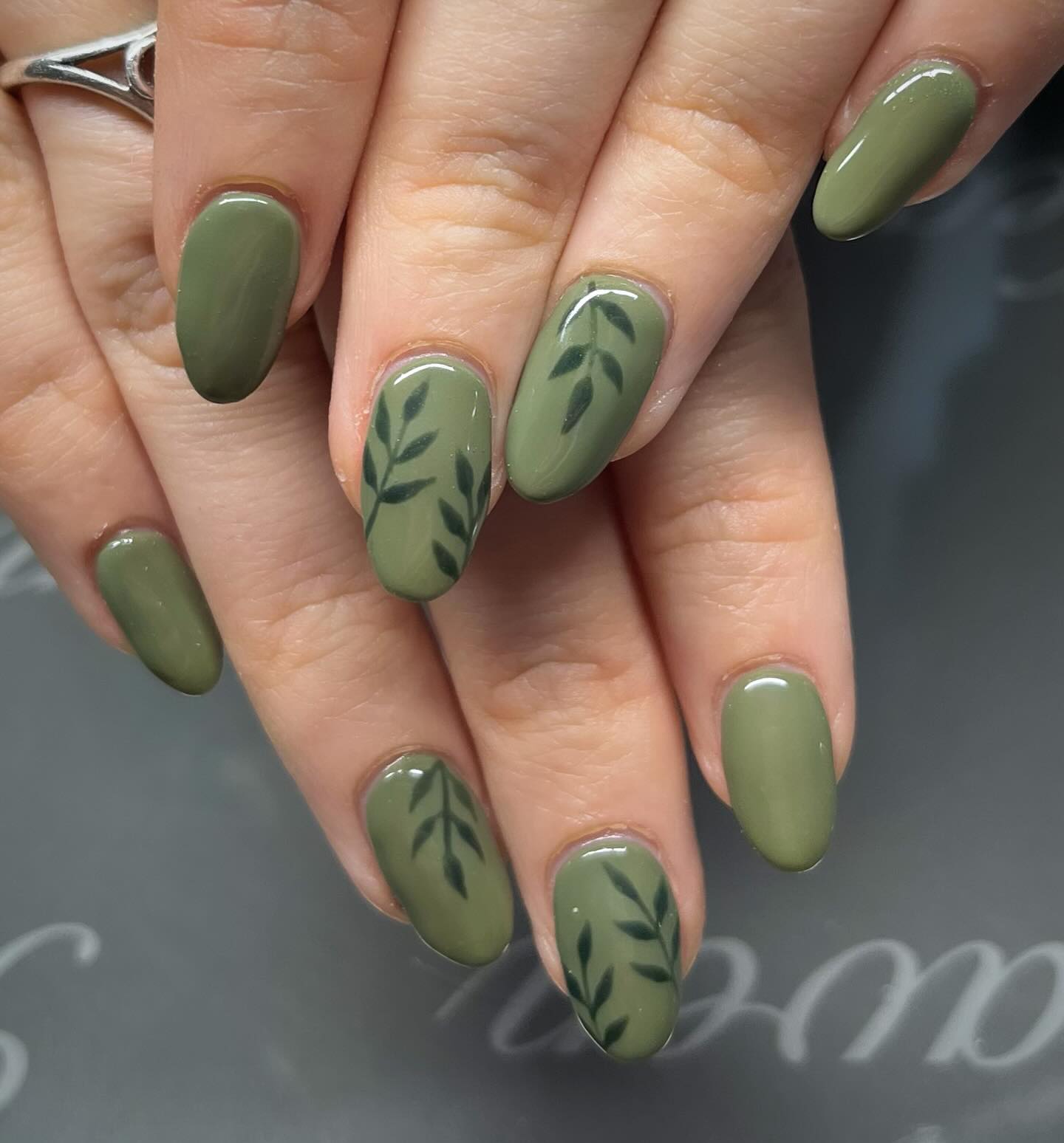 Olive Green Oval Nails with Botanical Art