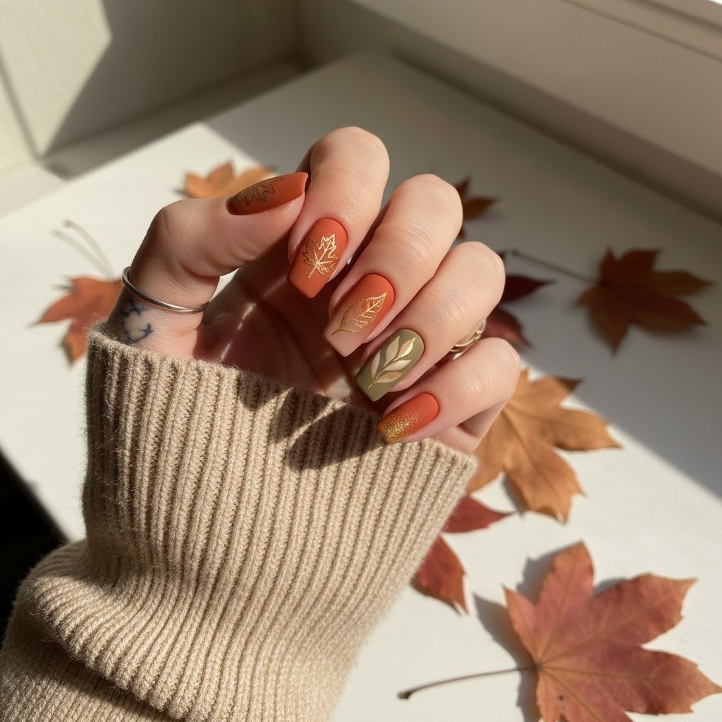 Autumn Leaf Matte Coffin Nails with Gold Accents