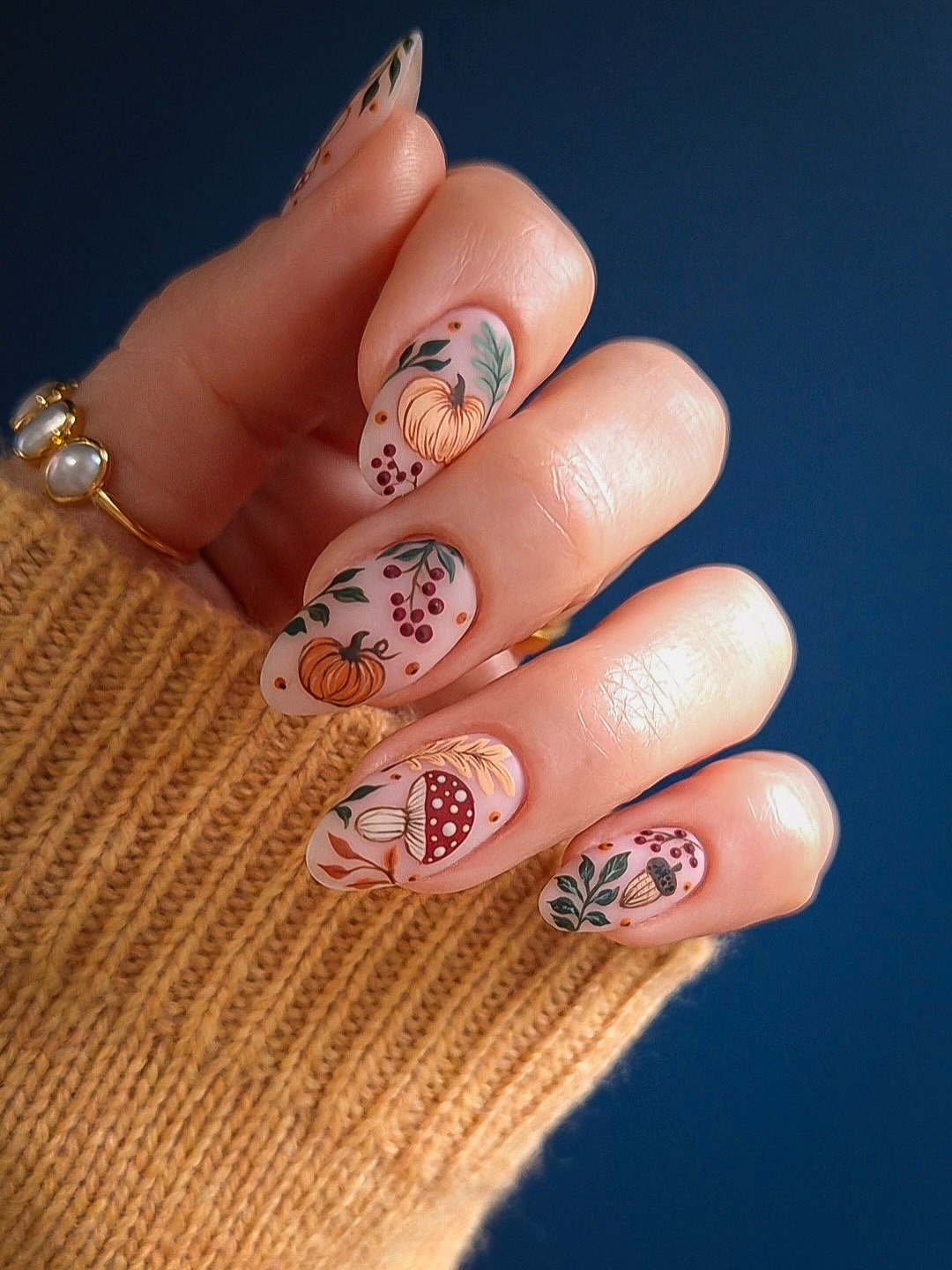 Matte Autumn Nature Scene Almond Nails