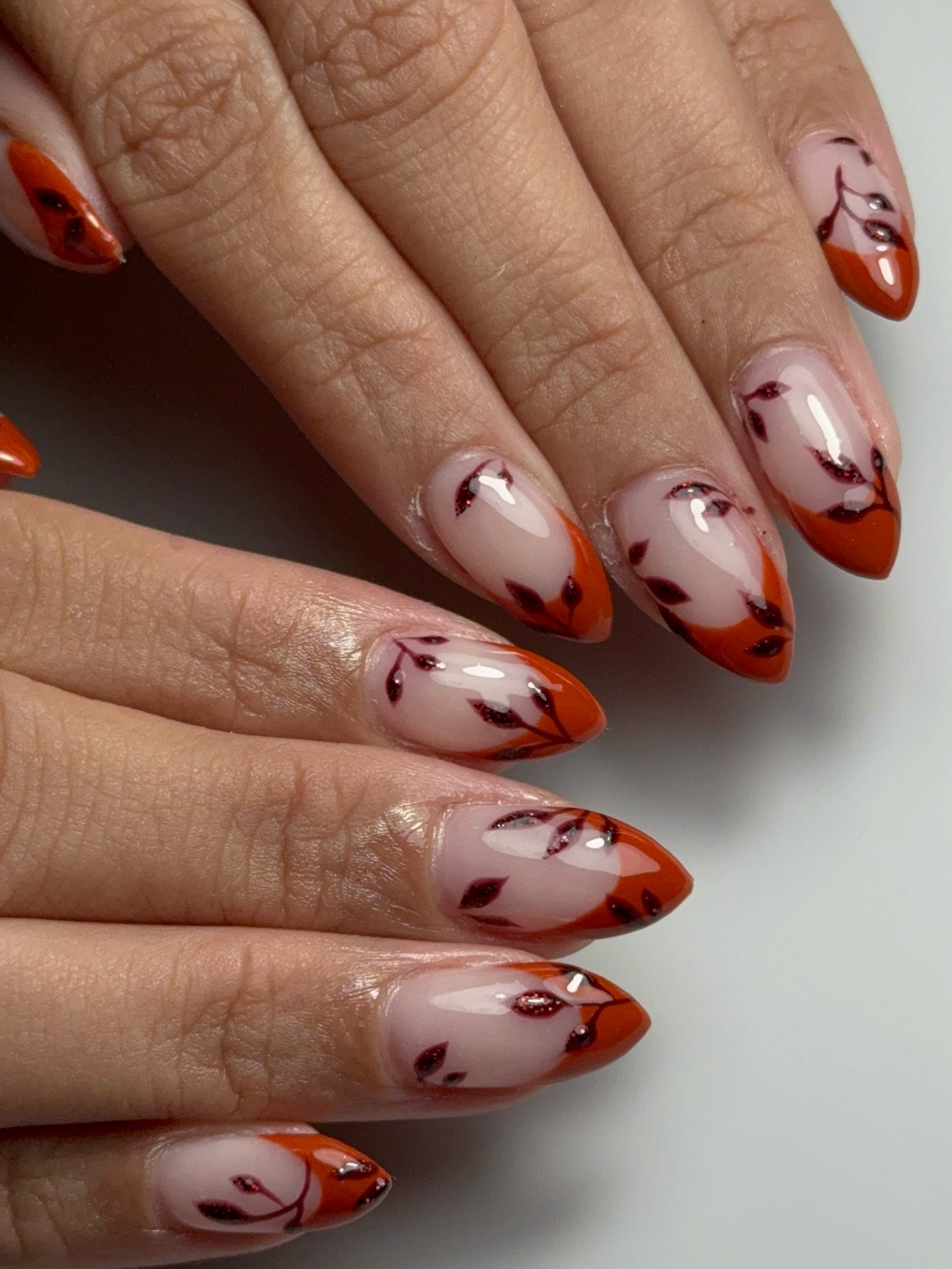 Orange Leaf Outline French Manicure