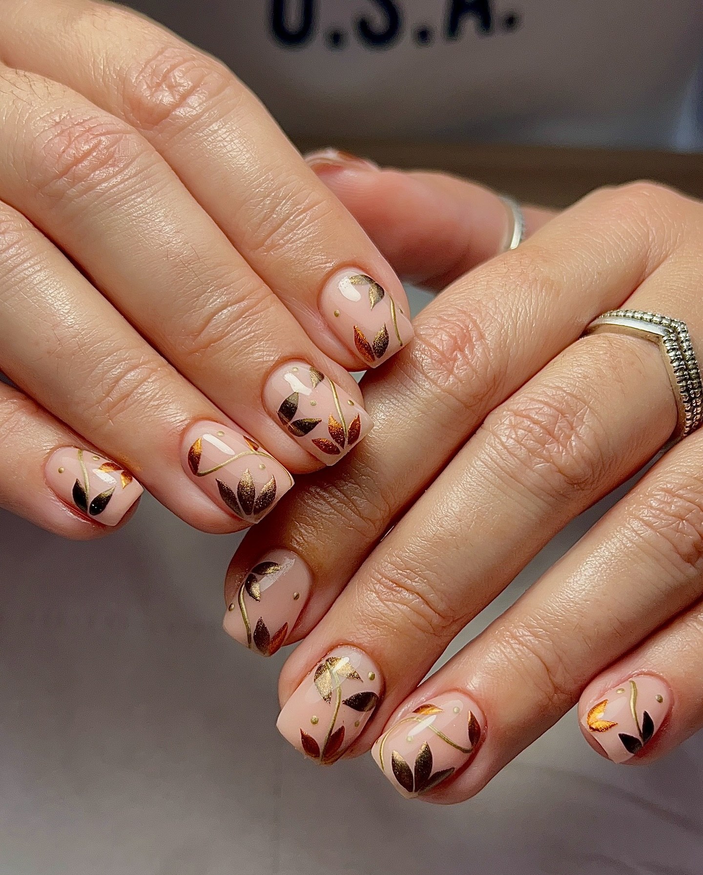Blush Nude Fall Leaf Accent Nails