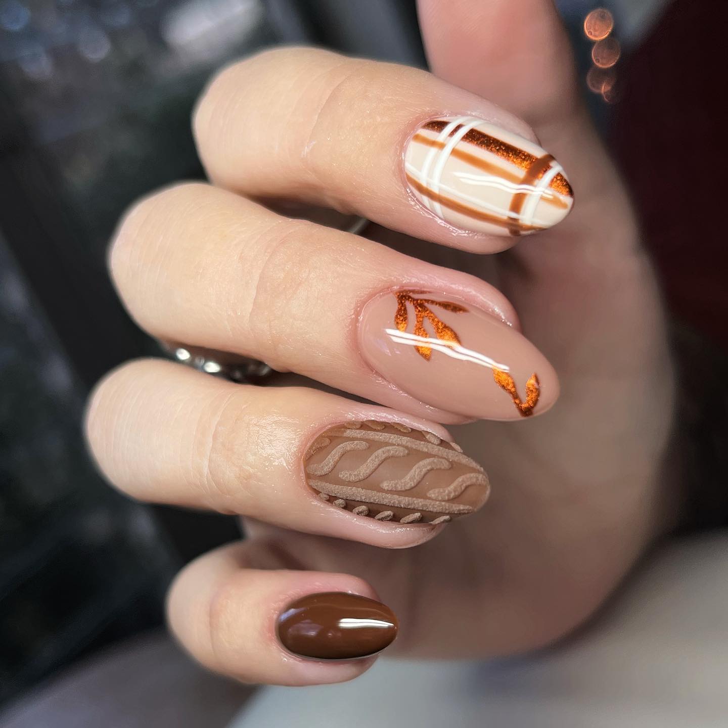 Cozy Cable Knit & Copper Leaf Oval Nails