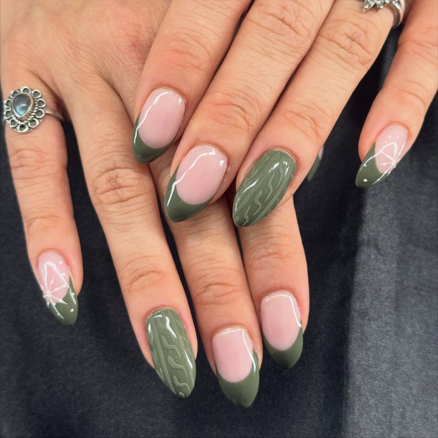 Olive Green Cable Knit French Tip Nails