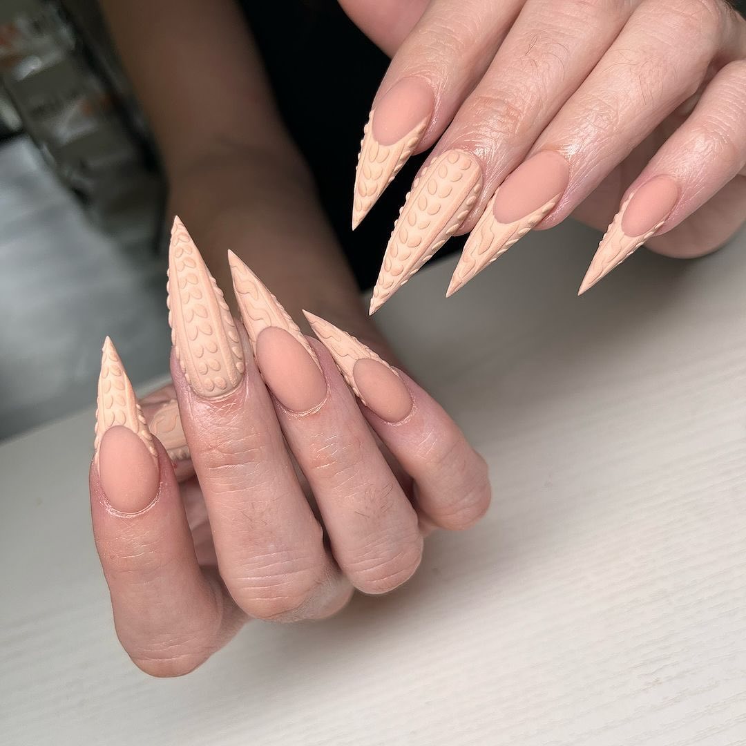 Textured Sweater French Tip Stiletto Nails