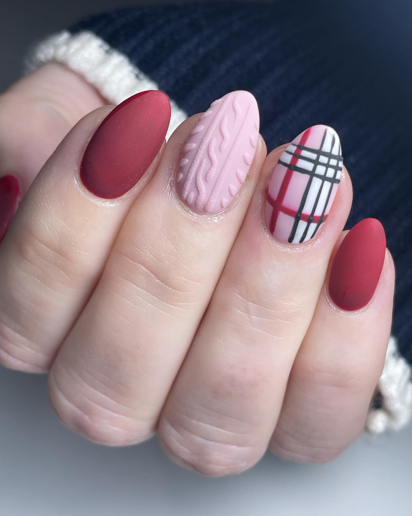 Cozy Matte Plaid and Cable Knit Almond Nails