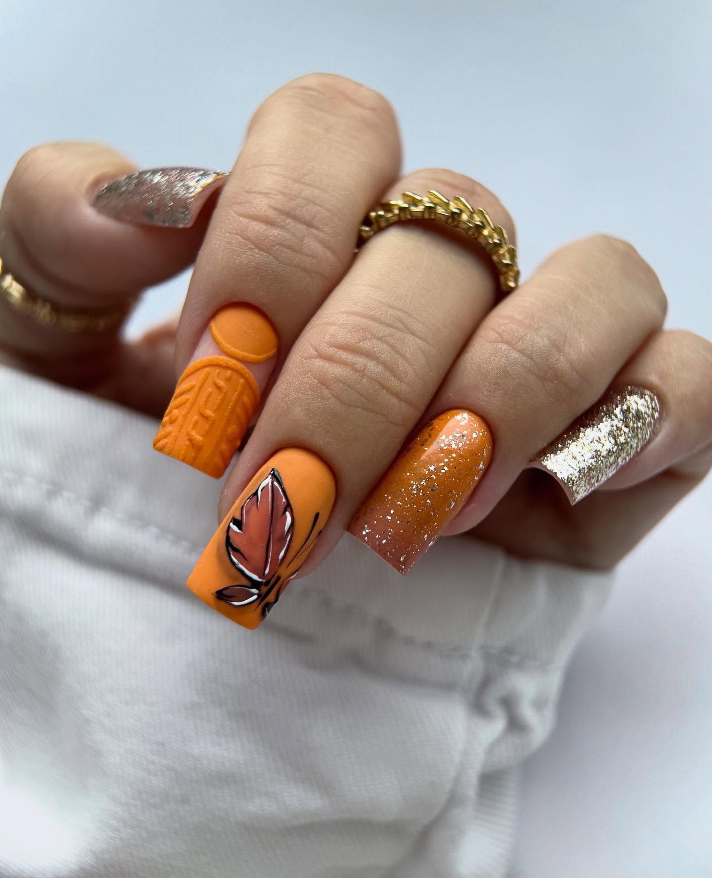 Matte Orange Sweater Knit Leaf Accent Nails