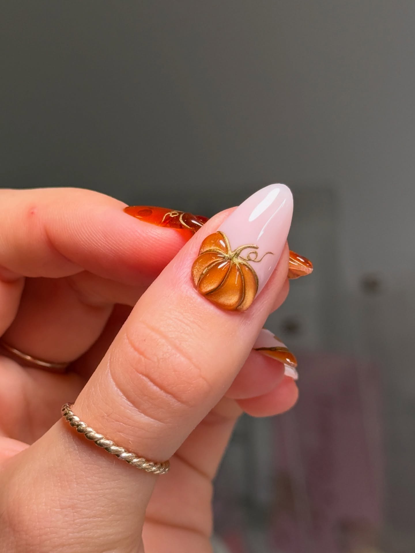 3D Pumpkin Amber French Almond Nails