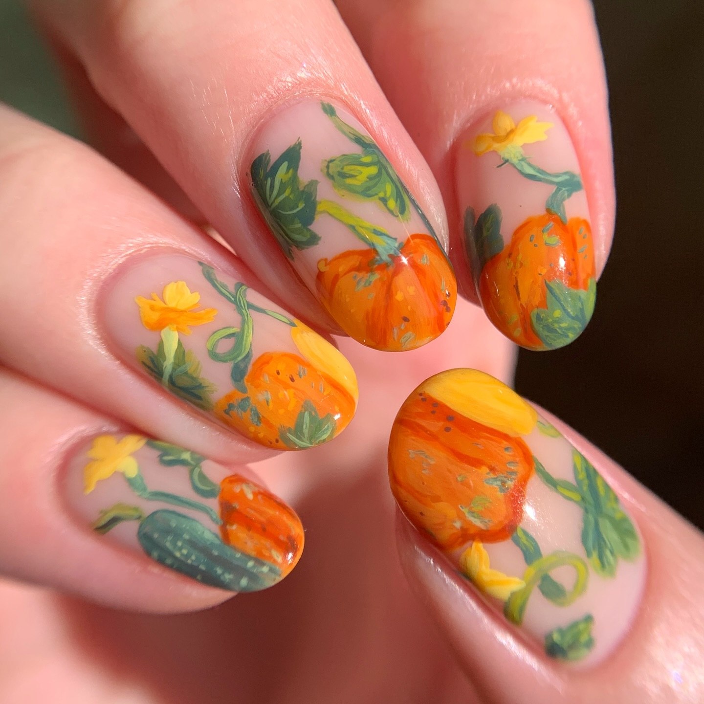 Whimsical Pumpkin Patch Hand-Painted Oval Nails