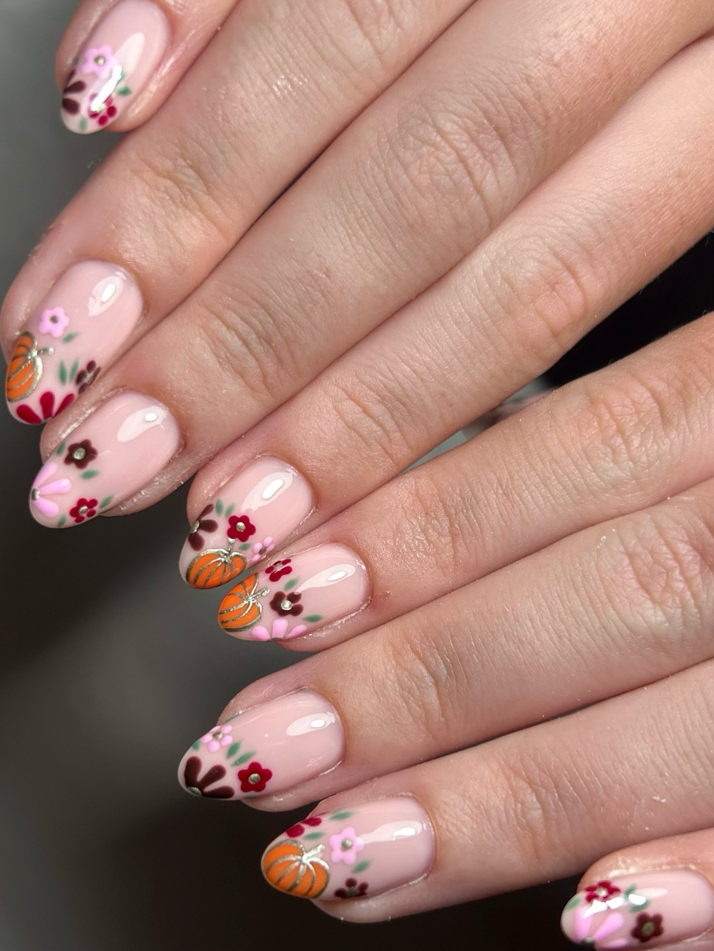 Autumn Pumpkin & Floral Oval Nails